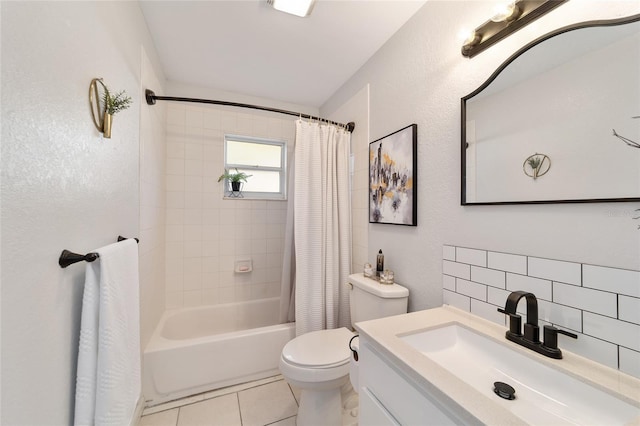 full bathroom with backsplash, vanity, shower / bathtub combination with curtain, tile patterned flooring, and toilet