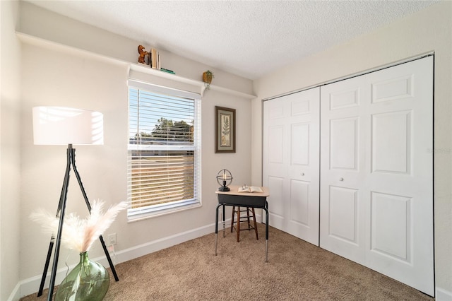 carpeted home office with a textured ceiling