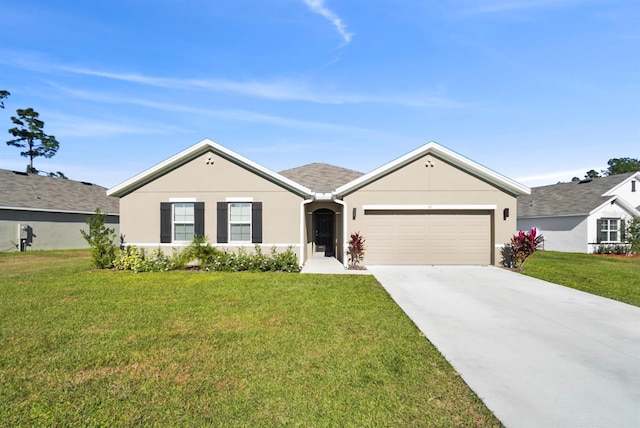 single story home with a front yard and a garage