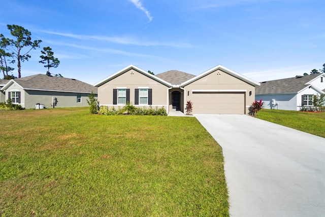 ranch-style home with a front lawn and a garage