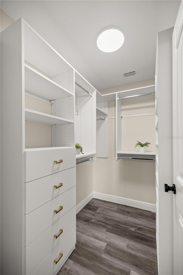 walk in closet with dark hardwood / wood-style flooring