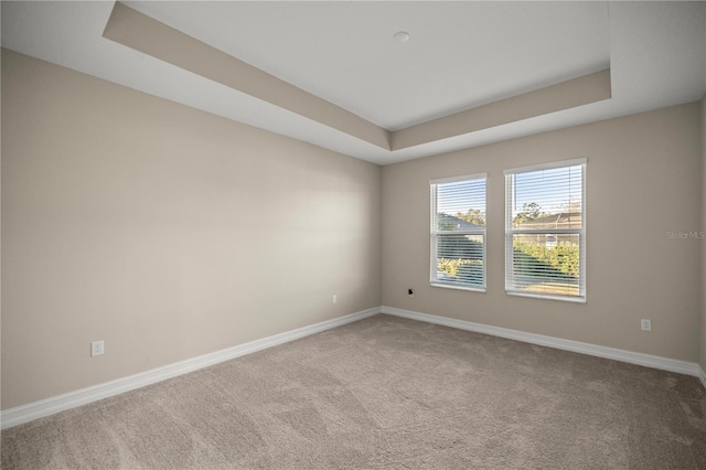 carpeted spare room featuring a tray ceiling