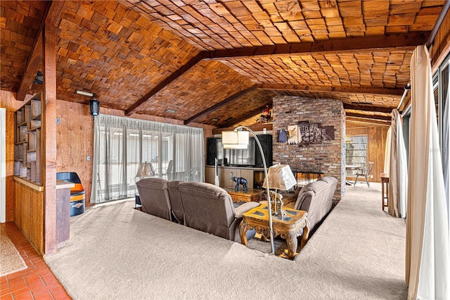 living room with lofted ceiling with beams and wood walls