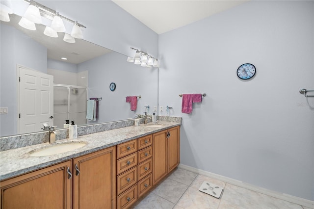 bathroom featuring tile patterned flooring, vanity, and walk in shower