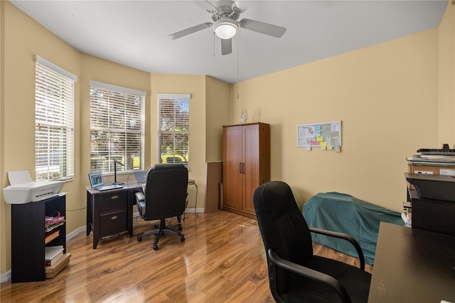 office featuring ceiling fan and light wood-type flooring