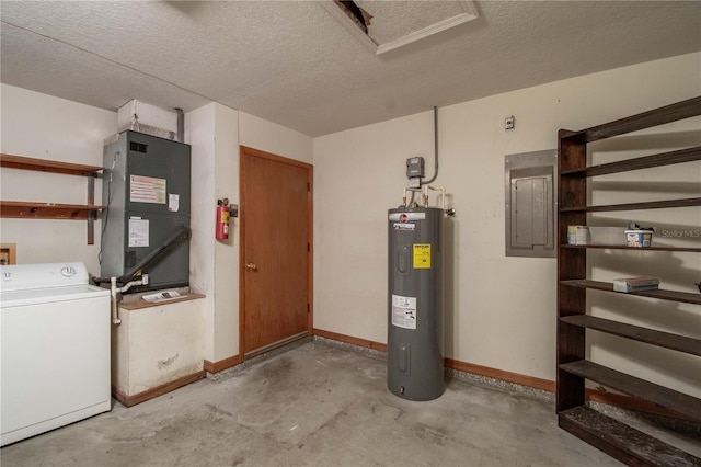 basement featuring washer / dryer, electric water heater, a textured ceiling, and electric panel