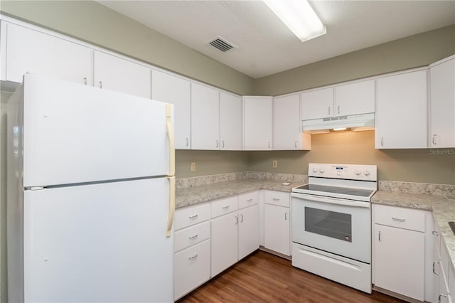 kitchen with dark hardwood / wood-style floors, white cabinetry, and white appliances