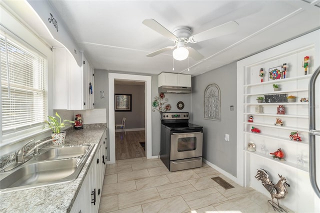 kitchen with ceiling fan, sink, white cabinetry, and stainless steel range with electric cooktop