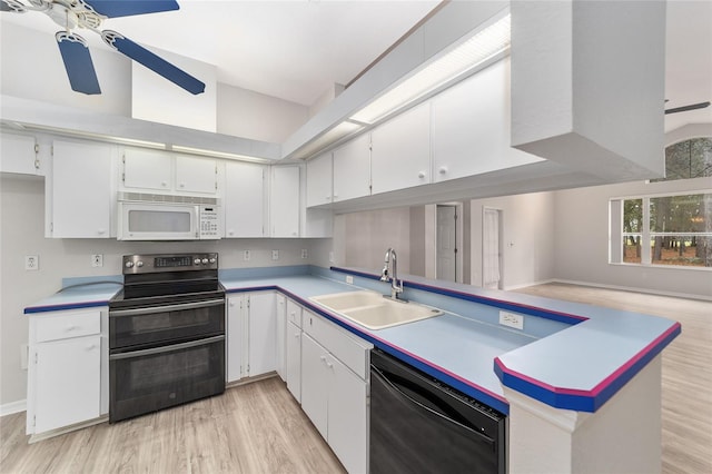 kitchen featuring white cabinetry, sink, ceiling fan, light hardwood / wood-style flooring, and black appliances