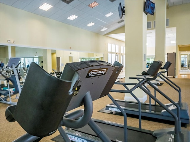 gym with a paneled ceiling, carpet, and a high ceiling