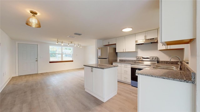 kitchen with a center island, white cabinets, sink, light wood-type flooring, and appliances with stainless steel finishes