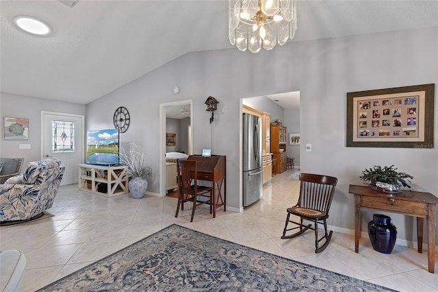 living room featuring light tile patterned flooring, lofted ceiling, and a notable chandelier