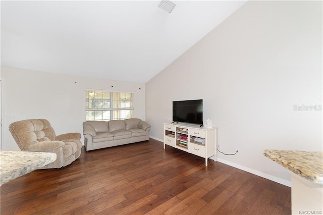 living room with high vaulted ceiling and dark wood-type flooring