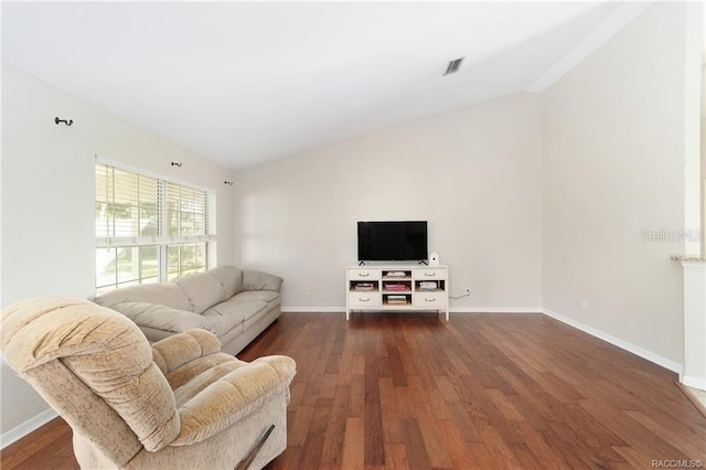 living room featuring lofted ceiling and dark wood-type flooring