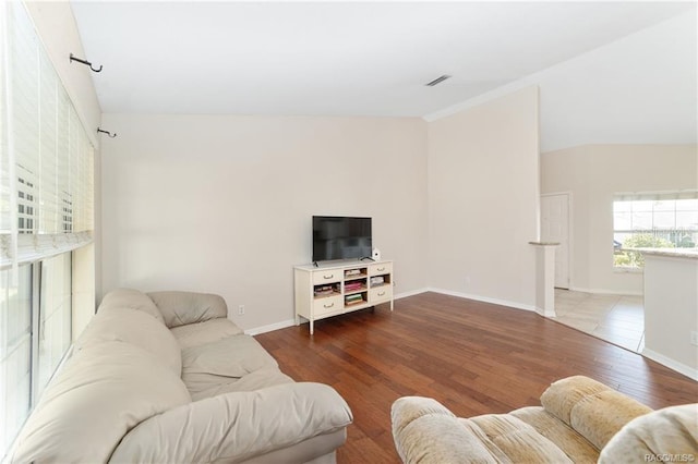 living room with lofted ceiling and wood-type flooring