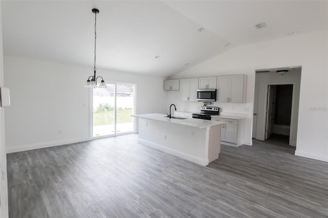 kitchen with stainless steel appliances, sink, a center island with sink, dark hardwood / wood-style floors, and lofted ceiling