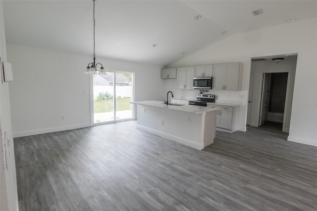 kitchen with dark hardwood / wood-style floors, sink, stainless steel appliances, and vaulted ceiling