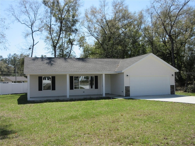 single story home with a shingled roof, an attached garage, fence, driveway, and a front lawn