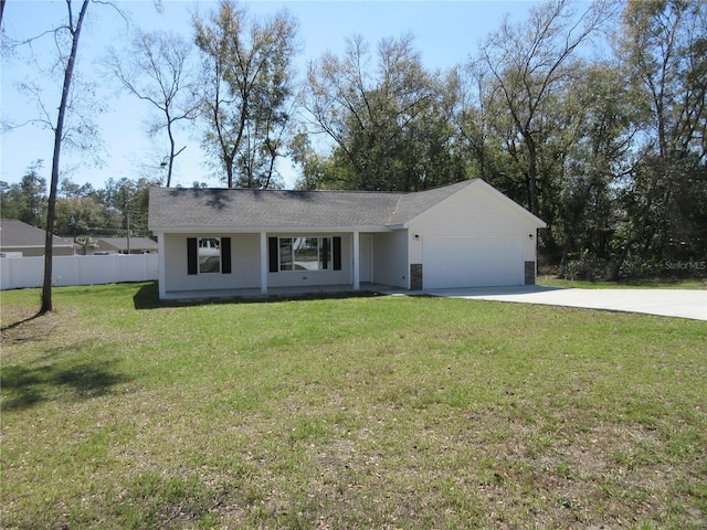 ranch-style home featuring a garage, concrete driveway, a front lawn, and fence