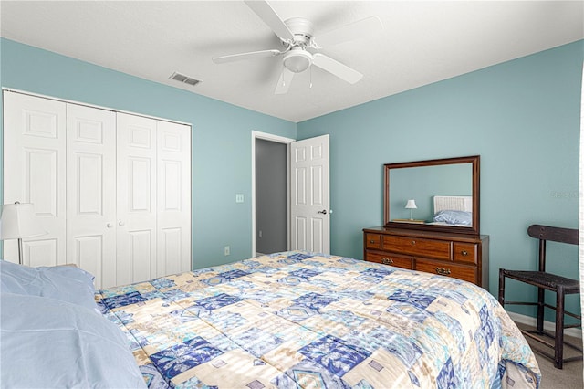 bedroom with ceiling fan and a closet