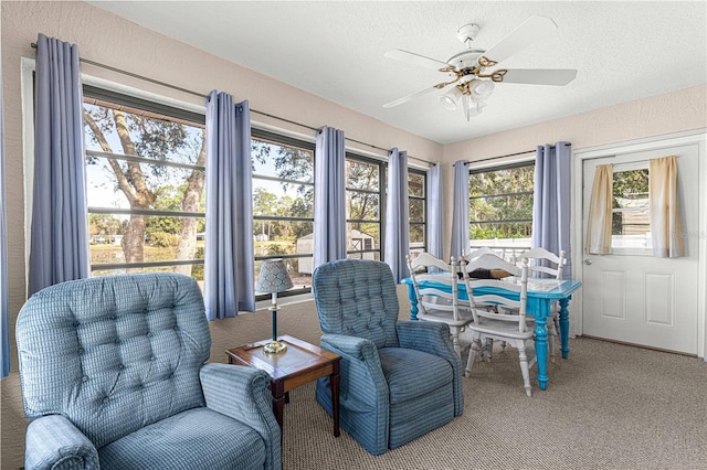 living area featuring carpet, ceiling fan, and a textured ceiling