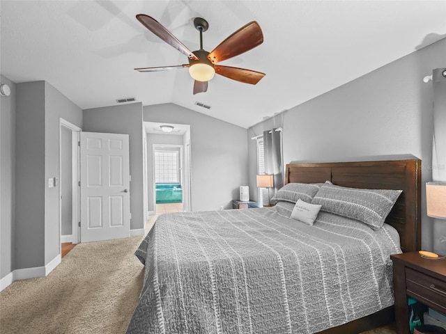 bedroom featuring carpet, ceiling fan, and lofted ceiling