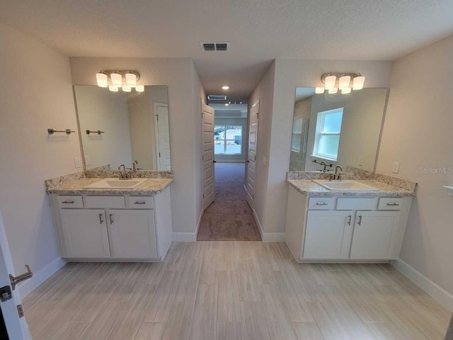 bathroom featuring vanity, a textured ceiling, and hardwood / wood-style flooring