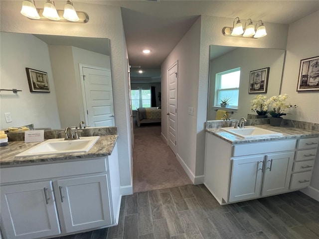 bathroom with hardwood / wood-style flooring and vanity