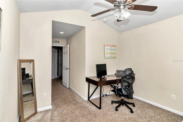 carpeted office with ceiling fan and lofted ceiling