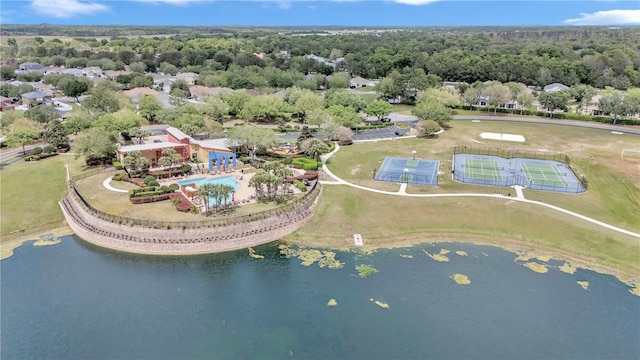 birds eye view of property featuring a water view