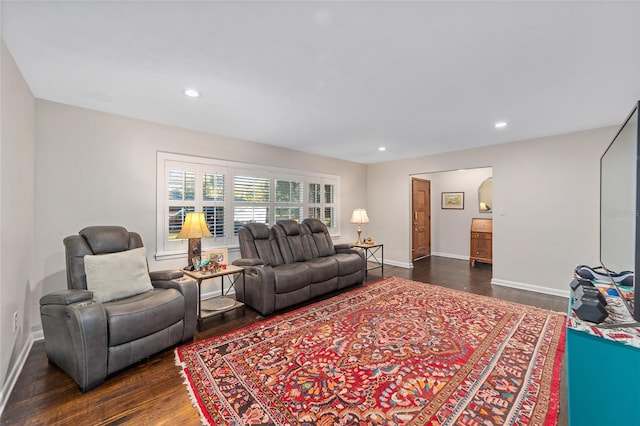 living room with dark hardwood / wood-style flooring