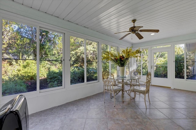 unfurnished sunroom featuring ceiling fan and wood ceiling