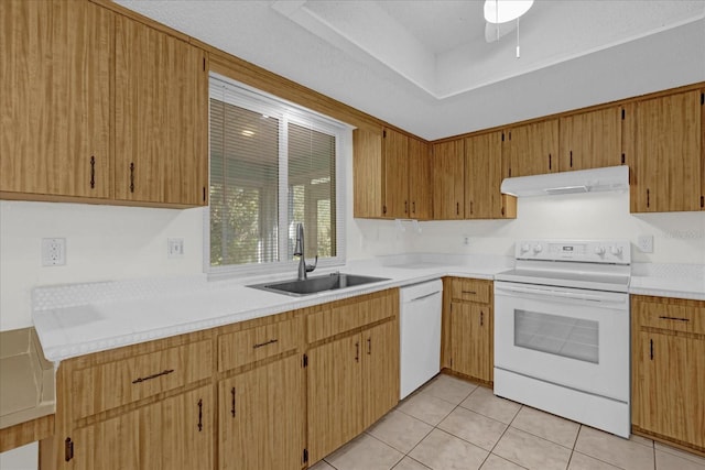 kitchen featuring range with electric cooktop, ventilation hood, sink, dishwasher, and light tile patterned flooring