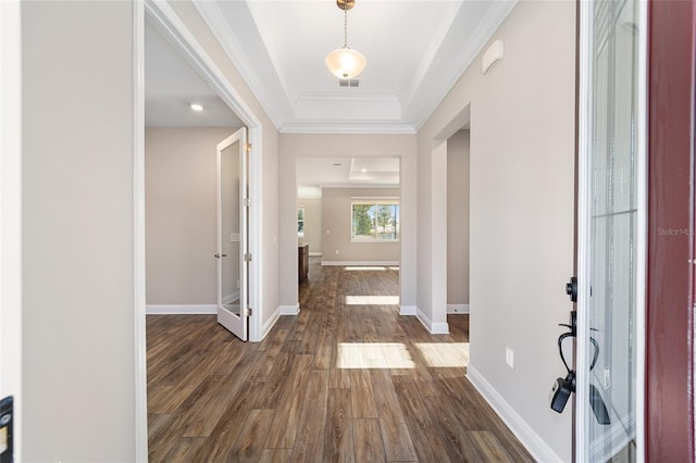 foyer entrance with dark hardwood / wood-style floors, a raised ceiling, and ornamental molding