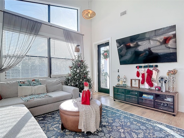 living room featuring hardwood / wood-style floors and a high ceiling