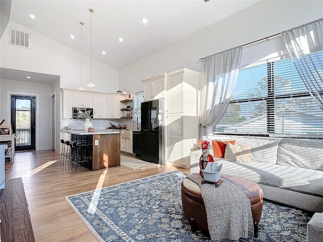 living room featuring high vaulted ceiling and light hardwood / wood-style floors