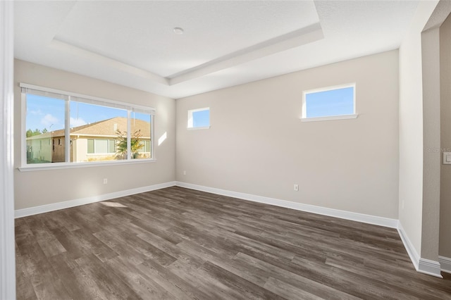 empty room with dark hardwood / wood-style floors and a tray ceiling