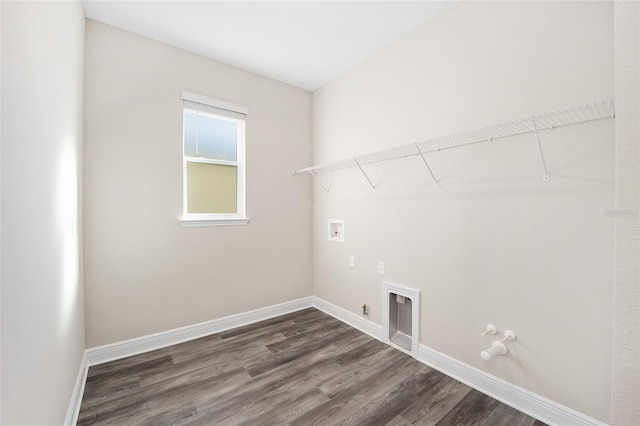 washroom featuring hookup for an electric dryer, washer hookup, gas dryer hookup, and dark wood-type flooring