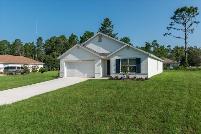 ranch-style house featuring a garage and a front yard