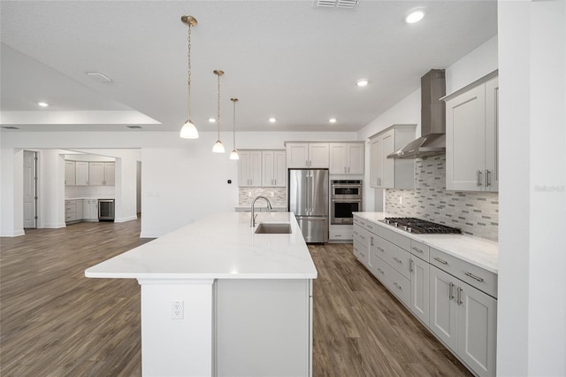 kitchen featuring appliances with stainless steel finishes, sink, wall chimney exhaust hood, and a large island