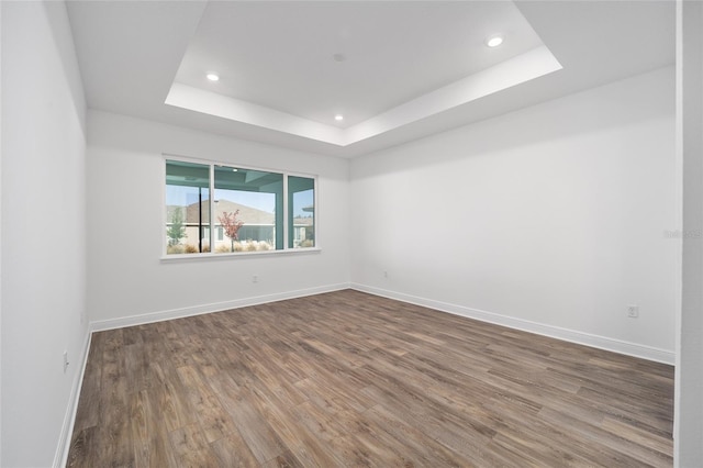 empty room featuring a raised ceiling and wood-type flooring