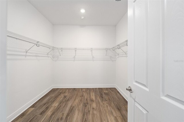 walk in closet with dark hardwood / wood-style floors