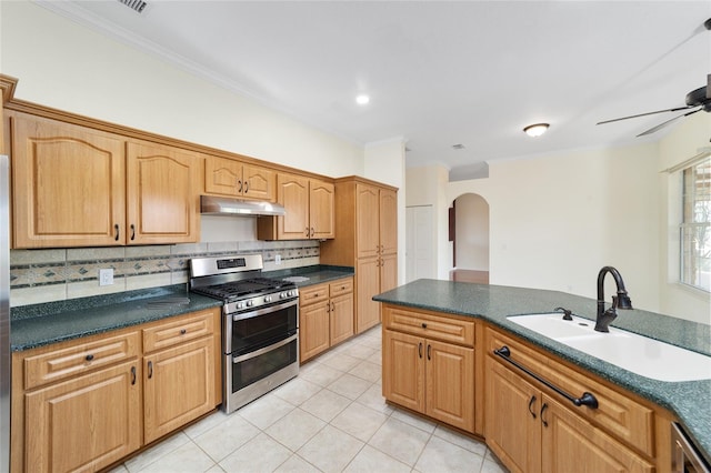 kitchen with decorative backsplash, appliances with stainless steel finishes, ceiling fan, and sink