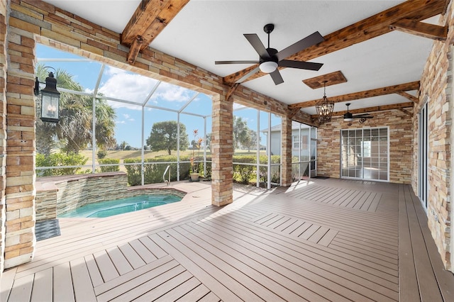 deck featuring ceiling fan and a lanai