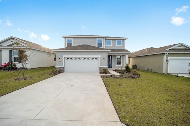 view of front property with central AC unit, a garage, and a front lawn