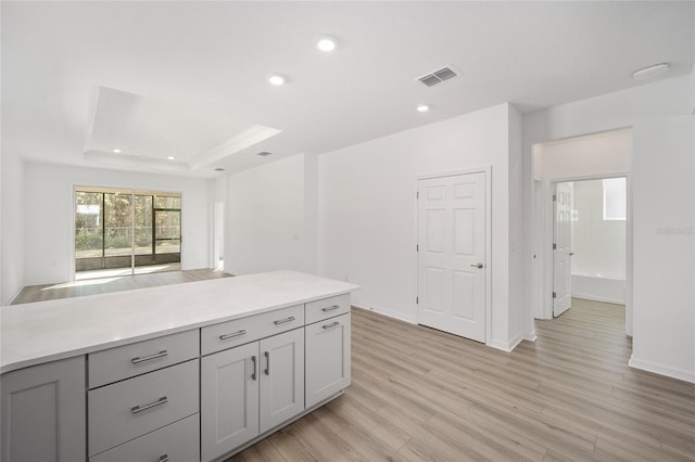 kitchen featuring a raised ceiling, light hardwood / wood-style floors, and gray cabinets