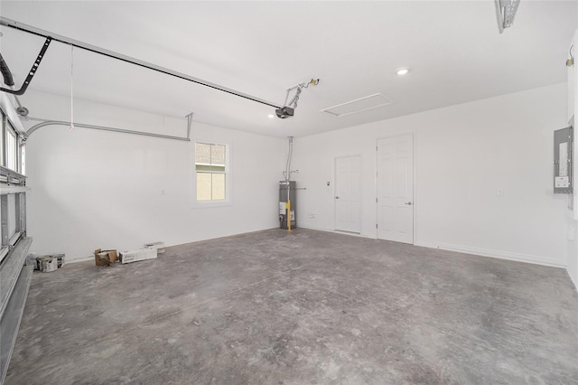 garage featuring electric panel, gas water heater, and a garage door opener