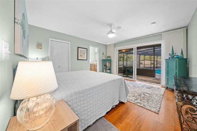 bedroom with connected bathroom, ceiling fan, light hardwood / wood-style flooring, access to outside, and a closet