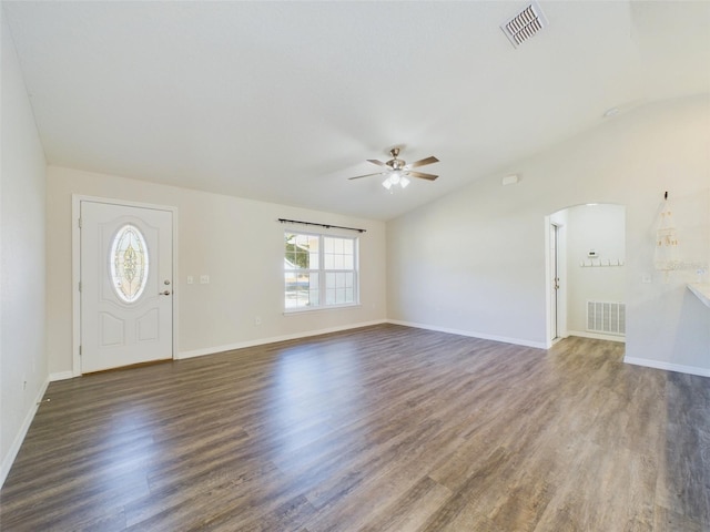 entrance foyer with dark hardwood / wood-style flooring, vaulted ceiling, and ceiling fan