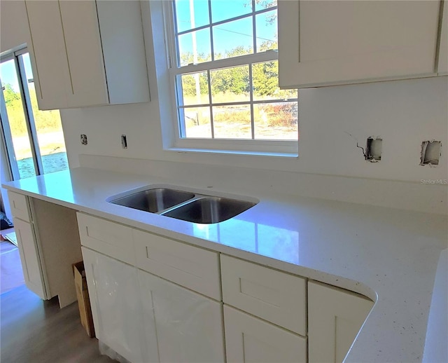 kitchen featuring white cabinets, wood-type flooring, and a healthy amount of sunlight